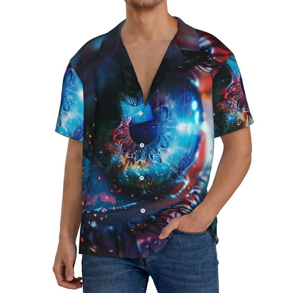 Sikiie Modern Colorful Eyes Men's Wrinkle Free Untucked Cuban Shirt Business Casual Button Down Shirts Short Sleeve ShirtX-Large