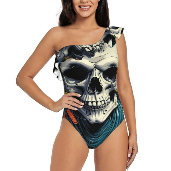 Sikiie Modern Hip-Hop Skull Print Women One Piece Swimsuits Tummy Control One Shoulder Bathing Suits Ruffle Swimwear, From S to XXL-XX-Large