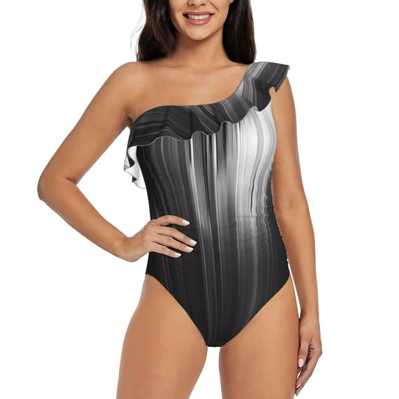 Sikiie Monochrome Abstract Lines Print Women One Piece Swimsuits Tummy Control One Shoulder Bathing Suits Ruffle Swimwear, From S to XXL-Small