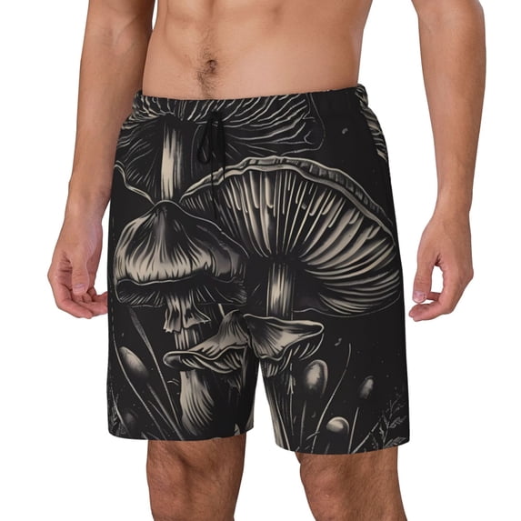 Sikiie Monochrome Mushroom Artwork Print Men's Double Layer Swimming Trunks, Adjustable Waistband and Pockets Sports Swimming Trunks, Beach Swimwear-Medium