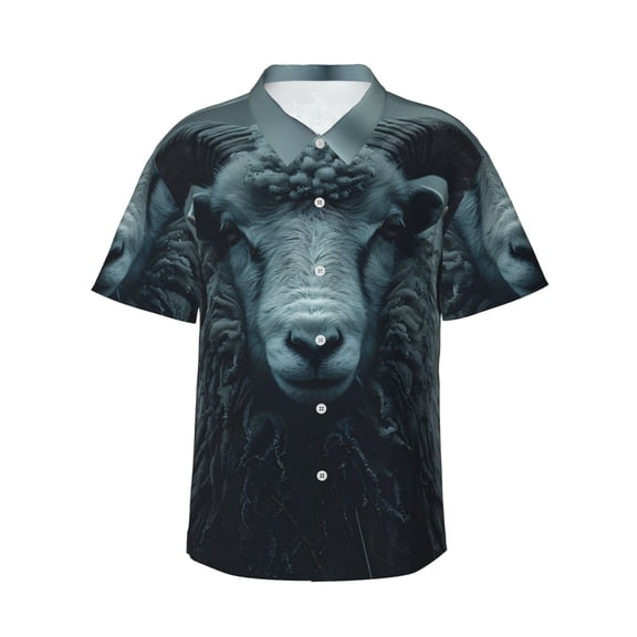 Sikiie Moody Ram Portrait Print Men's Hawaiian Shirt, Summer Beach Button Pocket Short Sleeve T-Shirt,3X-Large