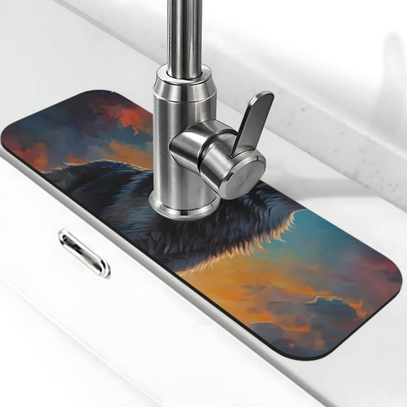 Sikiie Moonlit Night Sky Wolf Splash Guard for Sink Faucet-1 PC Super Absorbent Fast Drying Mat Sink Gadgets-Splash Guard for Kitchen, Sink Mat