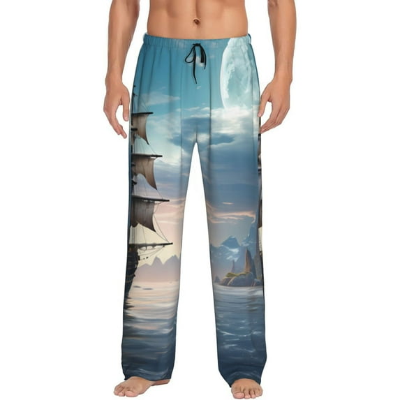 Sikiie Moonlit Sea Sailboat Mens Pajama Pants Sleep & Lounge Pants, PJ Bottoms With elastic waistb and Pockets Large