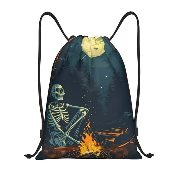 Sikiie Moonlit Skeleton Campfire Drawstring Backpack Drawstring Bags, Draw String Back Bag for Sports, Gym, Travel, Swimming, Beach-Medium