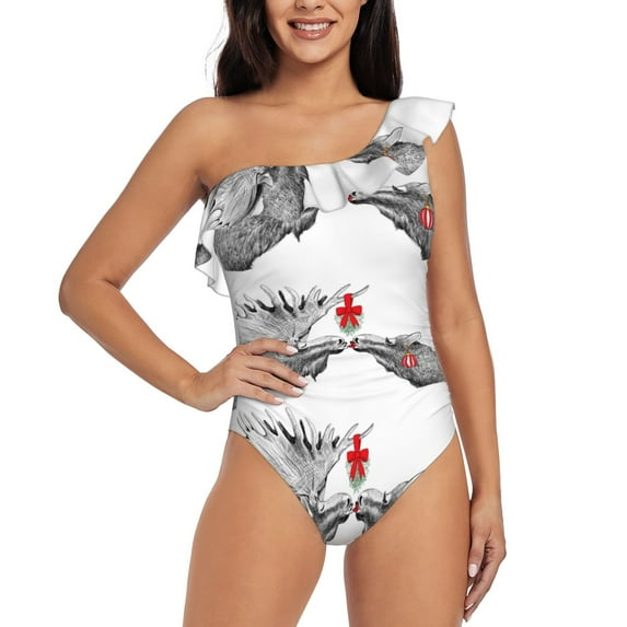 Sikiie Moose Kissing Under Mistletoe Print Women One Piece Swimsuits Tummy Control One Shoulder Bathing Suits Ruffle Swimwear, From S to XXL-X-Large
