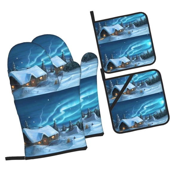 Sikiie Mountain Cottage In Snow Oven Mitts and Pot Holders, Silicone Oven Gloves, Heat Resistant Oven Mitts 4Pcs Set