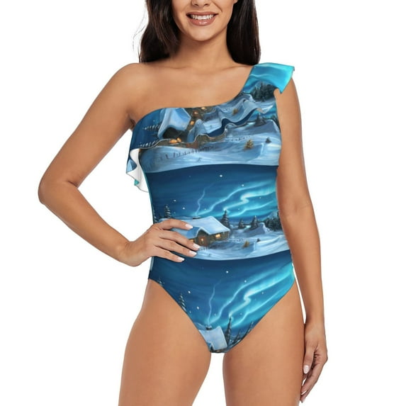 Sikiie Mountain Cottage In Snow Print Women One Piece Swimsuits Tummy Control One Shoulder Bathing Suits Ruffle Swimwear, From S to XXL-Large