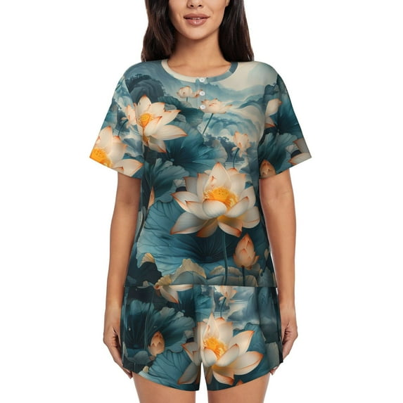 Sikiie Mountain Lotus Serenity Womens Pajama Sets Short Sleeve Top With Pants Sleepwear 2 Piece Lounge Set-X-Large