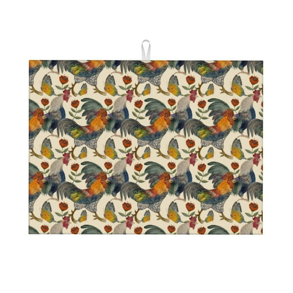 Sikiie Multi-Colored Roosters Dish Drying Mat, Kitchen Counter Mat, Self Drying Mat for Kitchen Counter Dish Drying Pad ,for Dishes, Utensils, Pots and Pans(24" x 18")