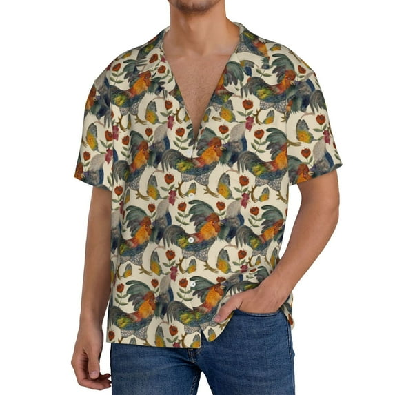 Sikiie Multi-Colored Roosters Men's Cuban Shirt, Hawaiian Shirts, Business Casual Button Down Shirts, Short Sleeve Shirt-Large