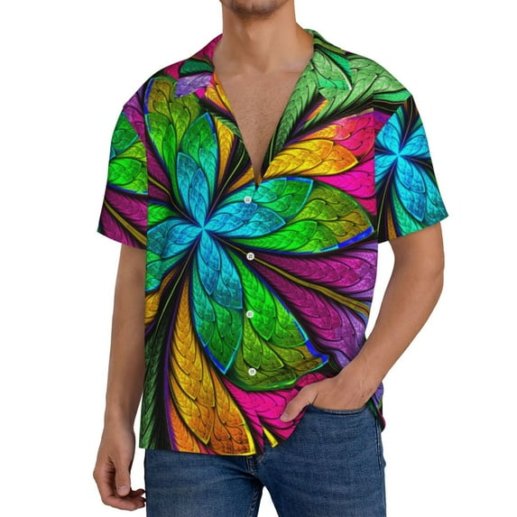 Sikiie Multicolored Beautiful Flower Men's Cuban Shirt, Hawaiian Shirts, Business Casual Button Down Shirts, Short Sleeve Shirt-X-Large
