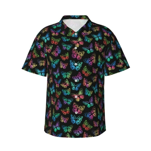 Sikiie Multicolored Butterflies Print Men's Hawaiian Shirt, Summer Beach Button Pocket Short Sleeve T-Shirt,3X-Large