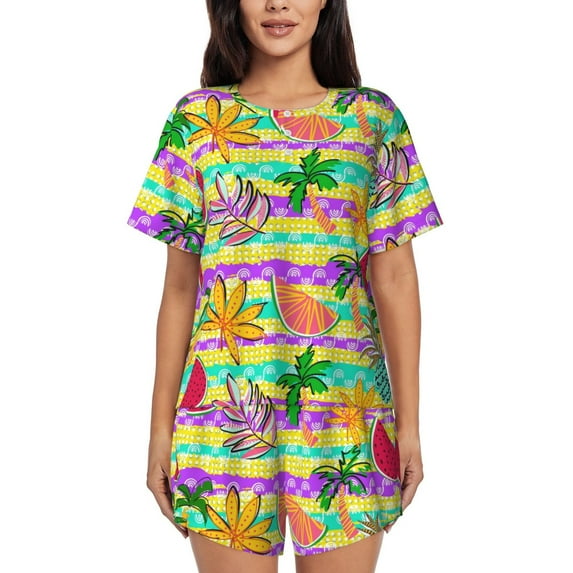 Sikiie Multicolored Tropical Womens Pajama Sets Short Sleeve Top With Pants Sleepwear 2 Piece Lounge SetXX-Large