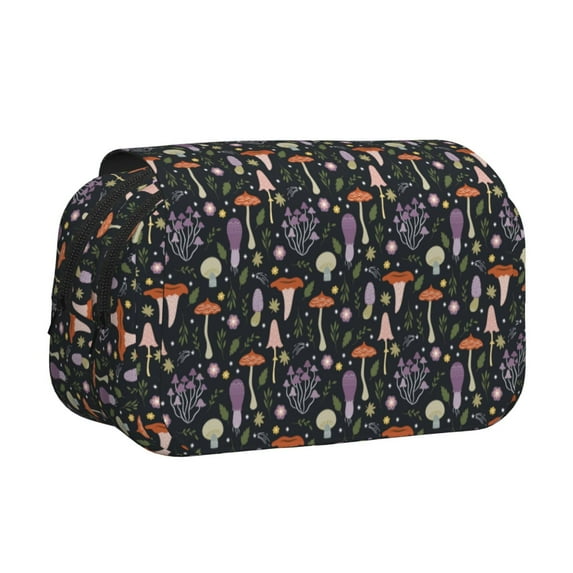 Sikiie Mushroom Print Flip Double-layer Pencil Case, All-purpose Stationery Bag for Study and Office, Zipper Design, Unisex