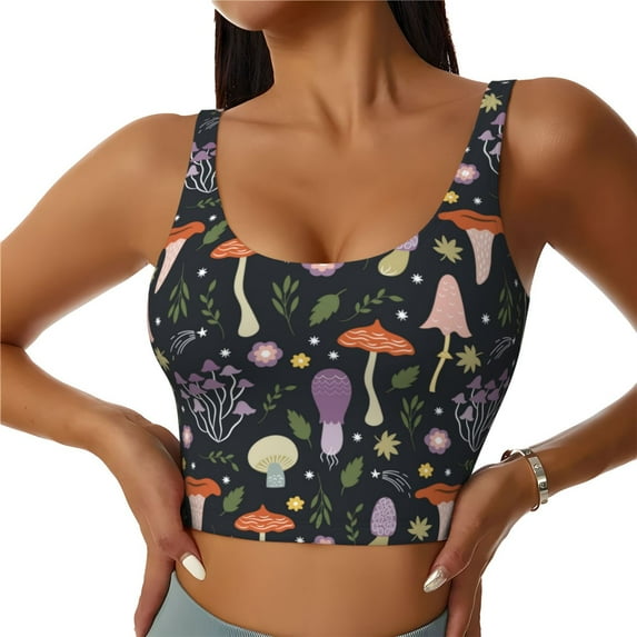 Sikiie Mushrooms Print Strappy Sports Bra for Women Padded Push Up Sports Bra Athletic Running Sports Bra Workout Bra Yoga Bra
