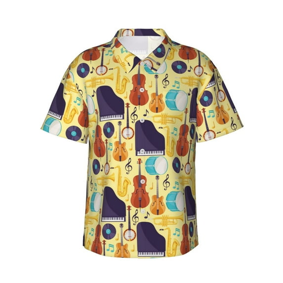 Sikiie Musical Instruments Print Men's Hawaiian Shirt, Summer Beach Button Pocket Short Sleeve T-Shirt,Medium
