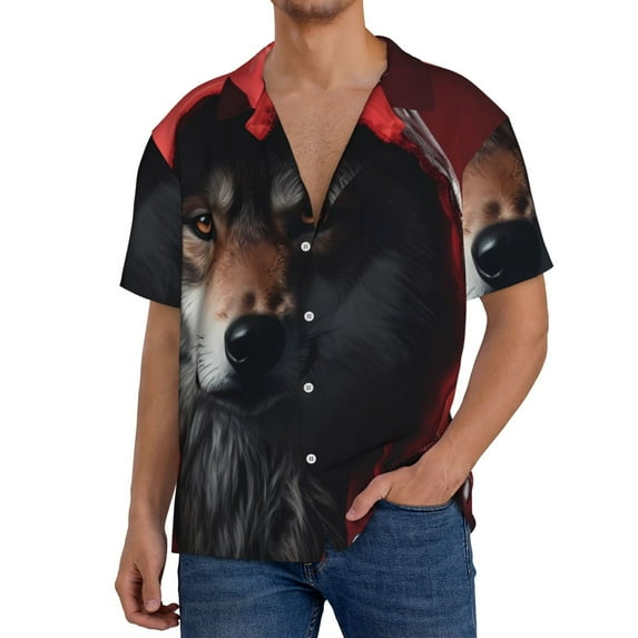 Sikiie Mysterious Hooded Wolf Men's Cuban Shirt, Hawaiian Shirts, Business Casual Button Down Shirts, Short Sleeve Shirt-Small