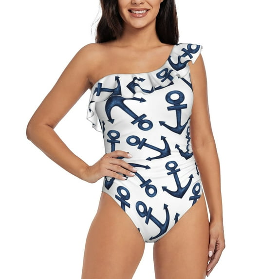 Sikiie Navy Blue Anchor Print Women One Piece Swimsuits Tummy Control One Shoulder Bathing Suits Ruffle Swimwear, From S to XXL-XX-Large