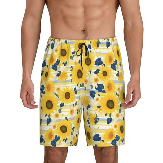 Sikiie Navy Blue Leaf Sunflower Mens Pajama Shorts, Lightweight Lounge Pant with Pockets Soft Sleep Pj Shorts for MenX-Large
