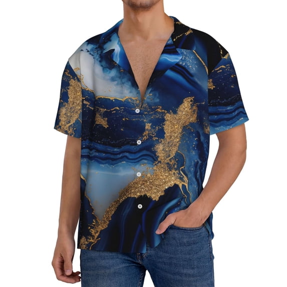 Sikiie Navy Blue Marble Men's Cuban Shirt, Hawaiian Shirts, Business Casual Button Down Shirts, Short Sleeve Shirt-X-Large
