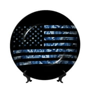 Sikiie Navy Camouflage American Flag Bone China Decorative Plate Personality Ceramic Dinner Plate Crafts Decorative Ceramic Decorative Plate -7in