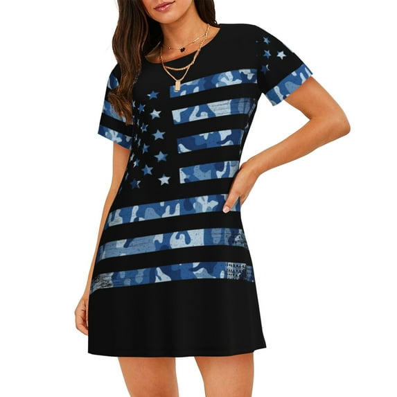 Sikiie Navy Camouflage American Flag Print Women's Short-sleeved Nightdress, Round Neck Pullover Nightdress Pajamas Summer Home Wear