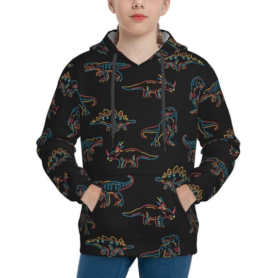 Sikiie Neon Dinosaur Youth Hoodie Sweatshirt Pullover Hooded Classic Casual Essentials Hoodiefor Boys Girls Kids -Small