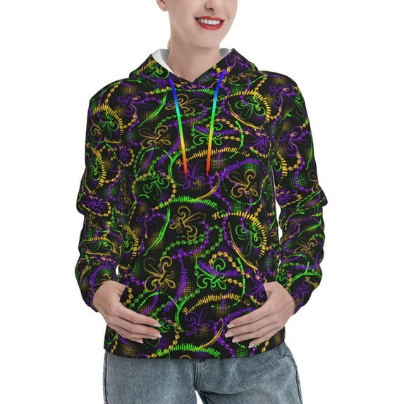Sikiie Neon Mardi Gras Women's Casual Hoodies Long Sleeve Lightweight Pullover Tops Loose Sweatshirt-XX-Large