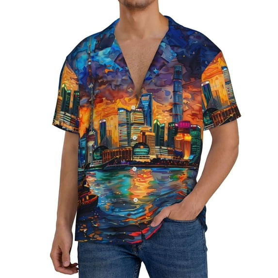 Sikiie Neon Shanghai Cityscape Night Men's Cuban Shirt, Hawaiian Shirts, Business Casual Button Down Shirts, Short Sleeve Shirt-4X-Large