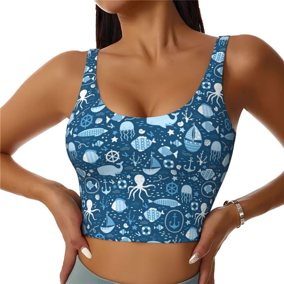 Sikiie Octopus And Whale Print Strappy Sports Bra for Women Padded Push Up Sports Bra Athletic Running Sports Bra Workout Bra Yoga Bra