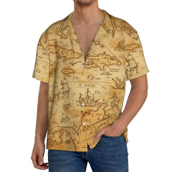 Sikiie Old Vintage Map Of Sea Men's Wrinkle Free Untucked Cuban Shirt Business Casual Button Down Shirts Short Sleeve ShirtSmall