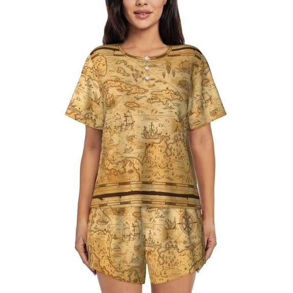 Sikiie Old Vintage Map Of Sea Womens Pajama Sets Short Sleeve Top With Pants Sleepwear 2 Piece Lounge Set-4X-Large