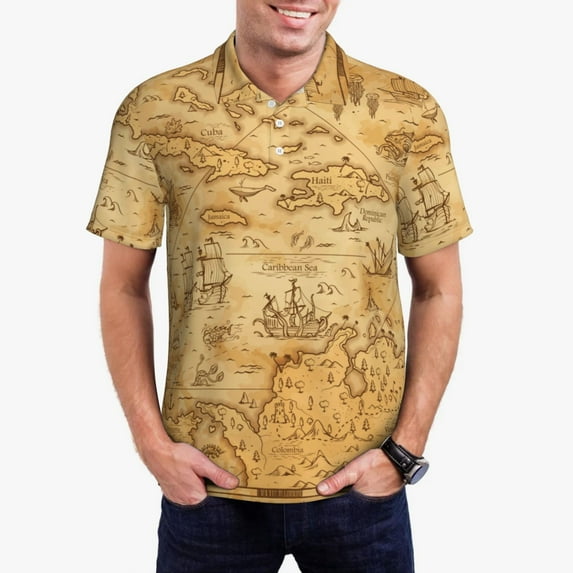 Sikiie Old Vintage Map Of Sea Print Men's Short-sleeved POLO Shirts, Button-down Shirts and T-shirts are Suitable for Vacation, Leisure and Business-3X-Large