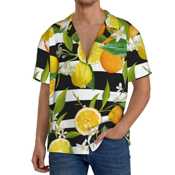 Sikiie Orange and Lemon Men's Wrinkle Free Untucked Cuban Shirt Business Casual Button Down Shirts Short Sleeve Shirt4X-Large