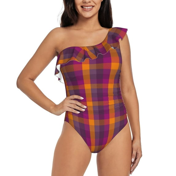 Sikiie Orange and Purple Plaid Print Women One Piece Swimsuits Tummy Control One Shoulder Bathing Suits Ruffle Swimwear, From S to XXL-Small