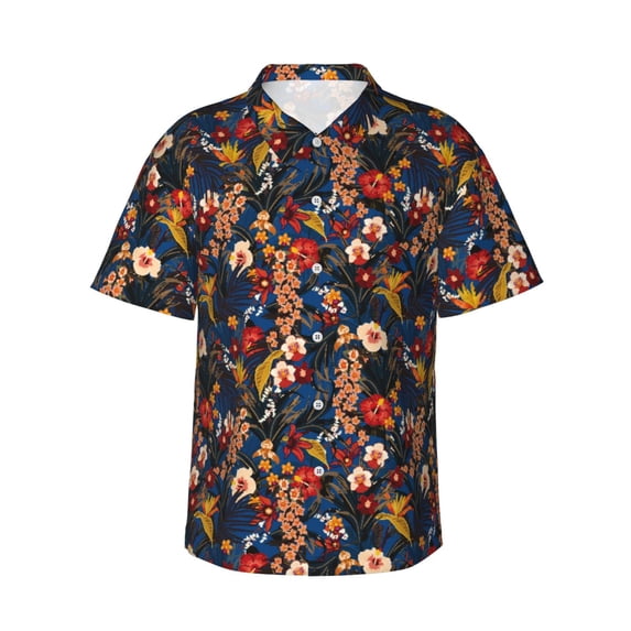 Sikiie Orchids Flowers Print Men's Hawaiian Shirt, Summer Beach Button Pocket Short Sleeve T-Shirt,XX-Large