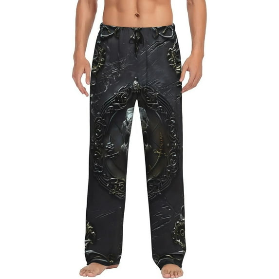 Sikiie Ornate Dark Skull Book Pajama Pants Men, PJ Bottoms, Sleep & Lounge Pants-X-Large
