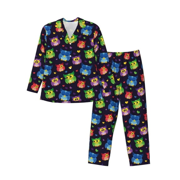 Sikiie Owls And Hearts Mens Pajama Set, Soft Warm Long Sleeve Sleepwear, Cozy Button-Down Pjs for Men-X-Large