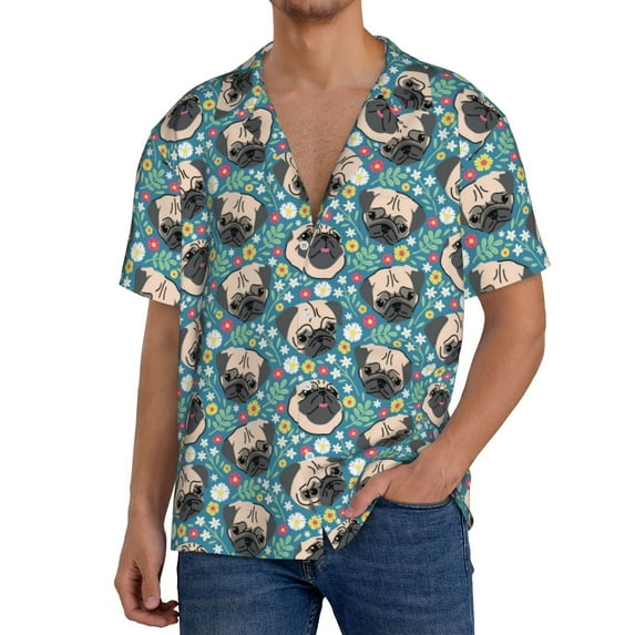 Sikiie PUG HEAD And Flower Men's Wrinkle Free Untucked Cuban Shirt Business Casual Button Down Shirts Short Sleeve Shirt3X-Large