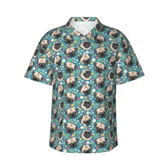 Sikiie PUG HEAD And Flower Print Men's Hawaiian Shirt, Summer Beach Button Pocket Short Sleeve T-Shirt,Large