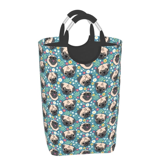 Sikiie PUG HEAD And Flower Square Laundry Bag Large Collapsible Dirty Clothes Bags With Handles Waterproof Essentials Storage For College Dorm, Family