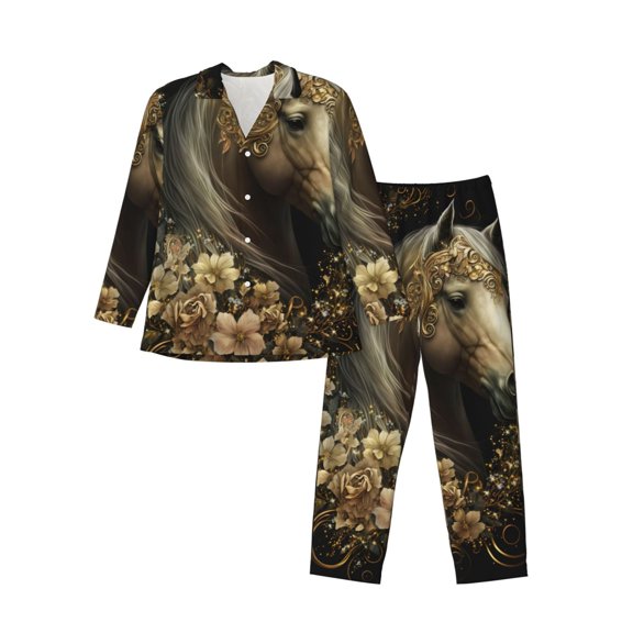 Sikiie Palatial Gold Pattern Horse Mens Pajama Set, Soft Warm Long Sleeve Sleepwear, Cozy Button-Down Pjs for Men-Medium