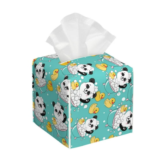 Sikiie Panda Bathing In The Bath Leather Tissue Box Cover Square, tissue box holder - 5.2”x5.2”x5.2”