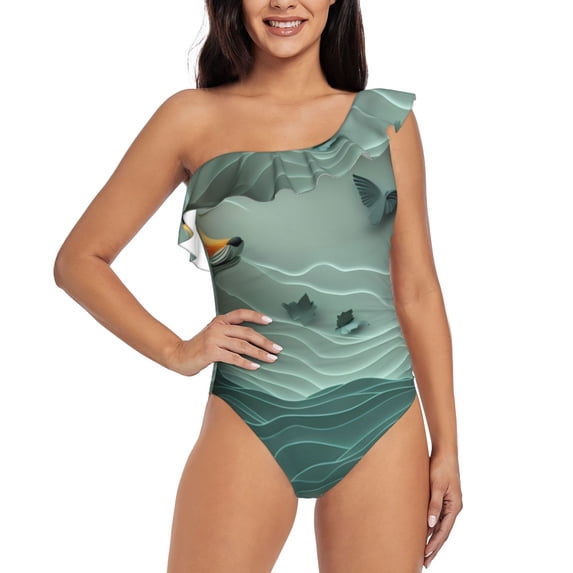 Sikiie Paper Fox Crow Fantasy Print Women One Piece Swimsuits Tummy Control One Shoulder Bathing Suits Ruffle Swimwear, From S to XXL-Large