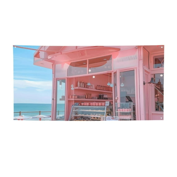 Sikiie Pastel Pink Beach Cafe Custom Banners and Signs Customize Outdoor, Personalized Banner with Logo Text for Party Birthday, Customized Banner Decoration-Small