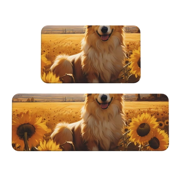 Sikiie Pastoral Sunflower Corgi Kitchen Mat 2 PCS Cushioned Kitchen Rug, Waterproof Non-Slip Kitchen Mats for Kitchen, Floor Home, Sink, Laundry