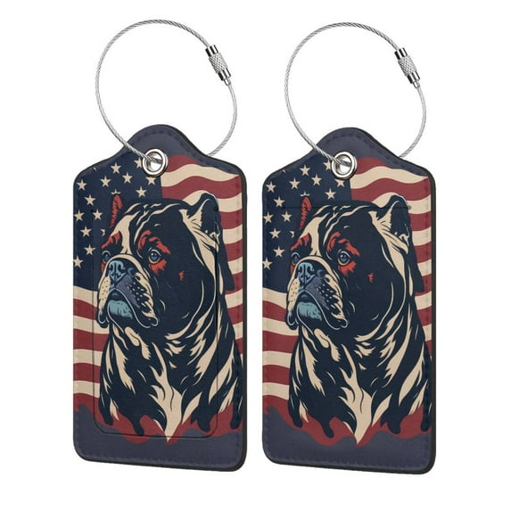 Sikiie Patriotic Bulldog Art Luggage Tag for Suitcase Leather Baggage Tag with Stainless Steel Loop Privacy Cover for Women Men Girls-4 PCS