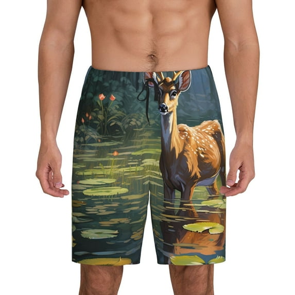 Sikiie Peaceful Deer Lily Pond Mens Pajama Shorts, Lounge Pant, Men's shorts,Sleep Pj Shorts for Men-XX-Large