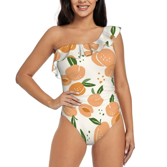 Sikiie Peaches Print Women One Piece Swimsuits Tummy Control One Shoulder Bathing Suits Ruffle Swimwear, From S to XXL-XX-Large