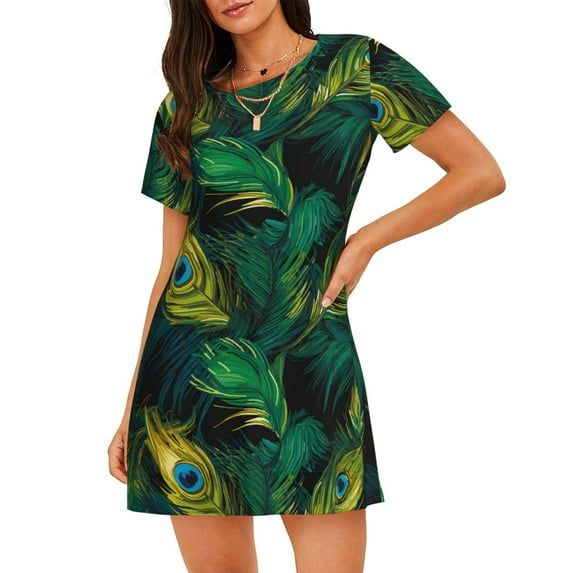 Sikiie Peacock Feathers2 Print Women's Short-sleeved Nightdress, Round Neck Pullover Nightdress Pajamas Summer Home Wear